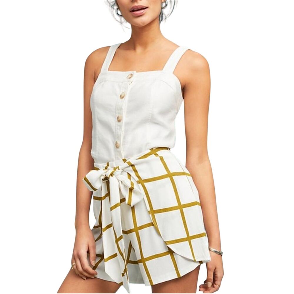 Anthropologie Sancia Helena Tie Wrap Shorts Sz S White Check Whimsical Boho Chic